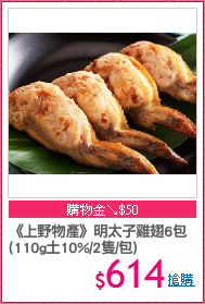 《上野物產》明太子雞翅6包
(110g土10%/2隻/包)