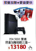 PS4 500G 單機<br>
限量加贈遊戲三選一