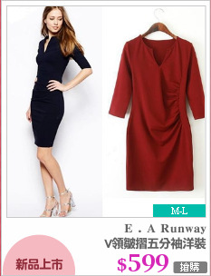 V領皺摺五分袖洋裝