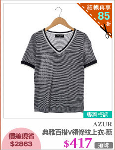 典雅百搭V領條紋上衣-藍