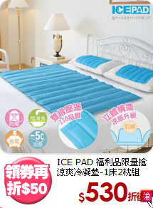 ICE PAD 福利品限量搶<BR>
涼爽冷凝墊-1床2枕組