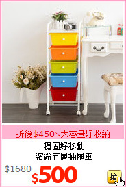 穩固好移動<BR>
繽紛五層抽屜車