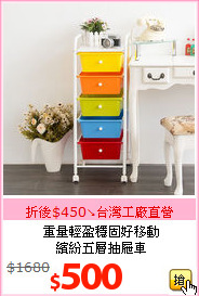 重量輕盈穩固好移動<BR>
繽紛五層抽屜車