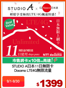 STUDIO A日本11日無限卡
Docomo LTE4G無限流量