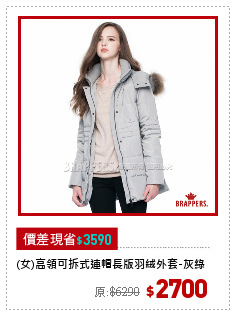 (女)高領可拆式連帽長版羽絨外套-灰綠